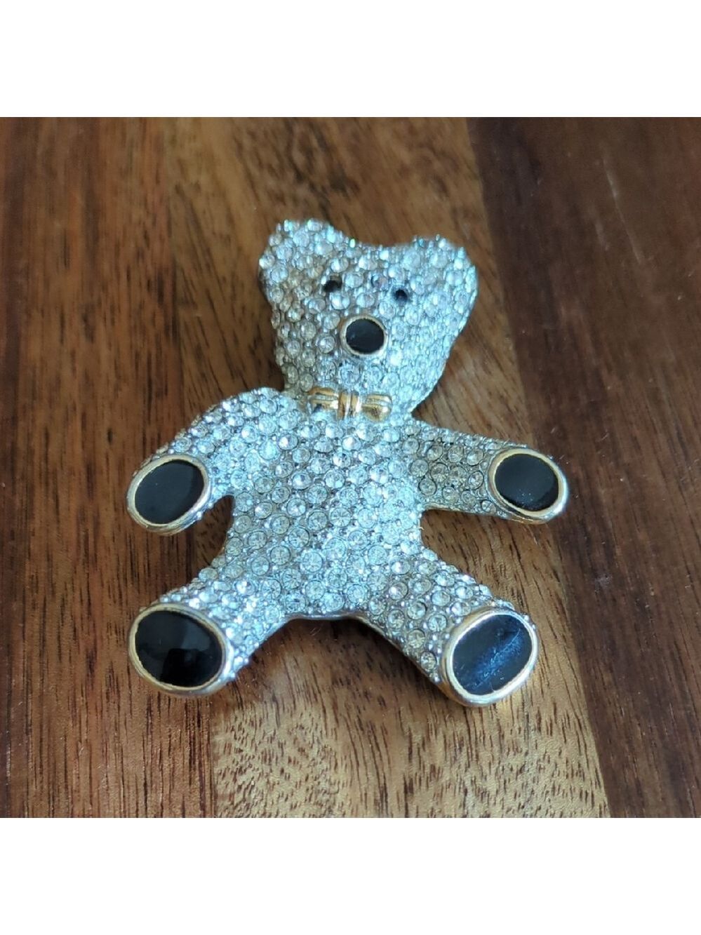 Sparkling Vintage Rhinestone Crystal & Black Enamel Teddy Bear Brooch/Pin